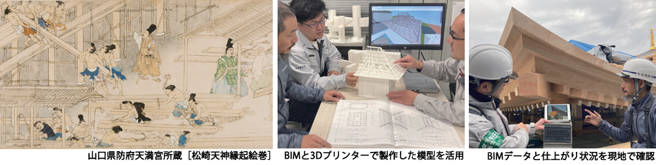 山口県防府天満宮所蔵［松崎天神縁起絵巻］、BIMと3Dプリンターで製作した模型を活用、BIMデータと仕上がり状況を現地で確認