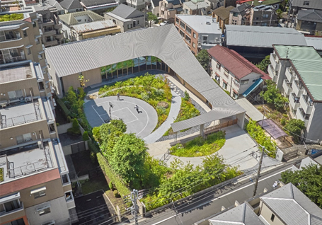 施設全景　敷地の間口いっぱいに地域に開放された前庭と連続する中庭