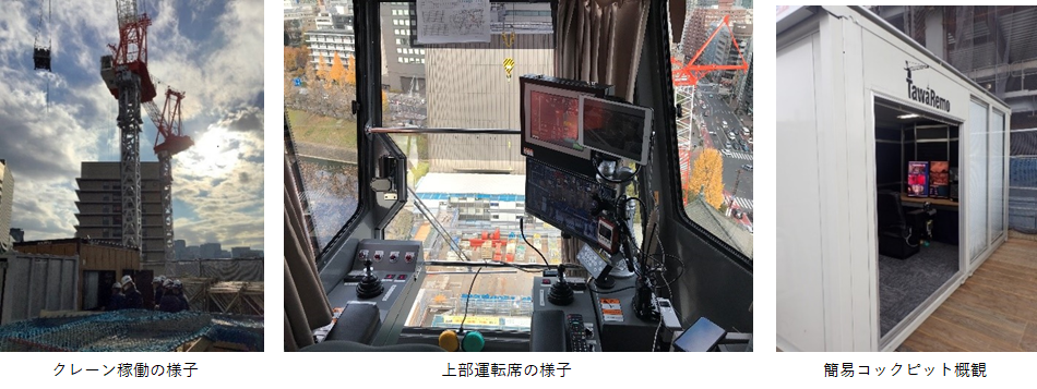 クレーン稼働の様子、上部運転席の様子、簡易コックピット概観