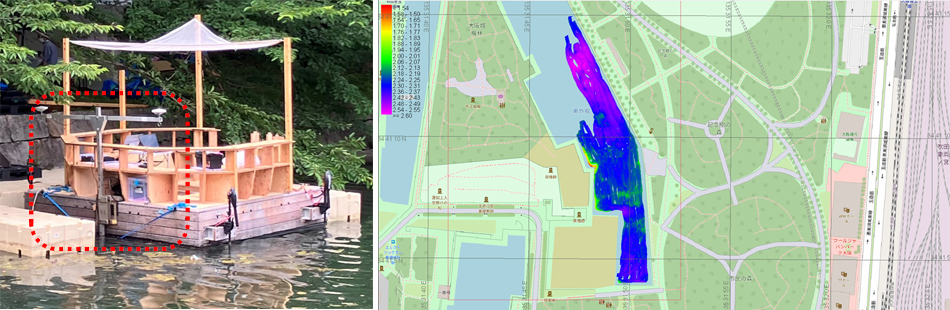 マルチビームソナーの装置（赤枠）とスキャンして作成した水深マップ