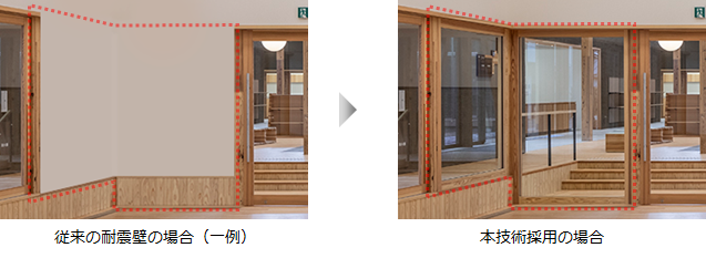 従来の耐震壁の場合と本技術採用の場合の画像