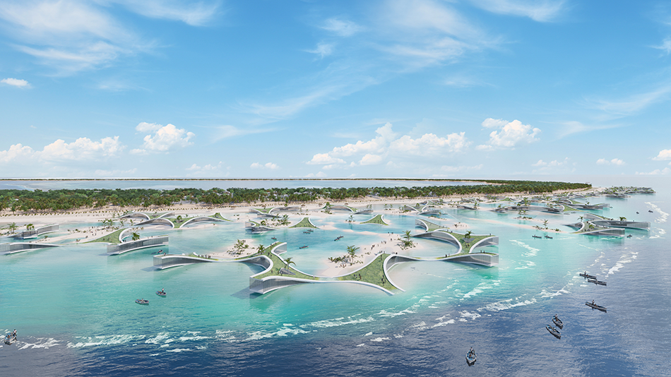 外観パース　群造形を成す「Regenerative Islands」が沿岸部に砂を堆積させる
