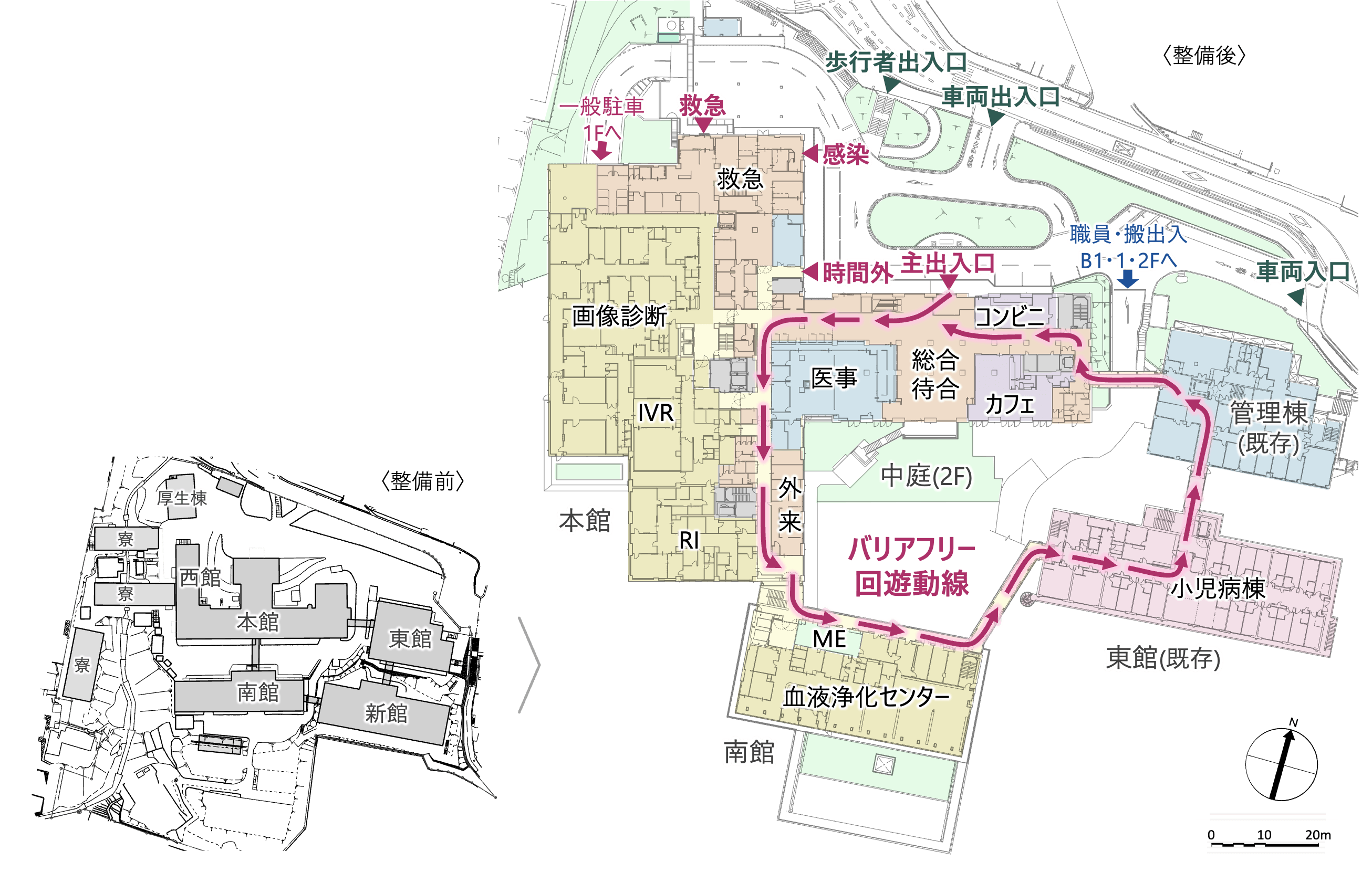 3階に計画されたバリアフリー回遊動線を示す施設配置図