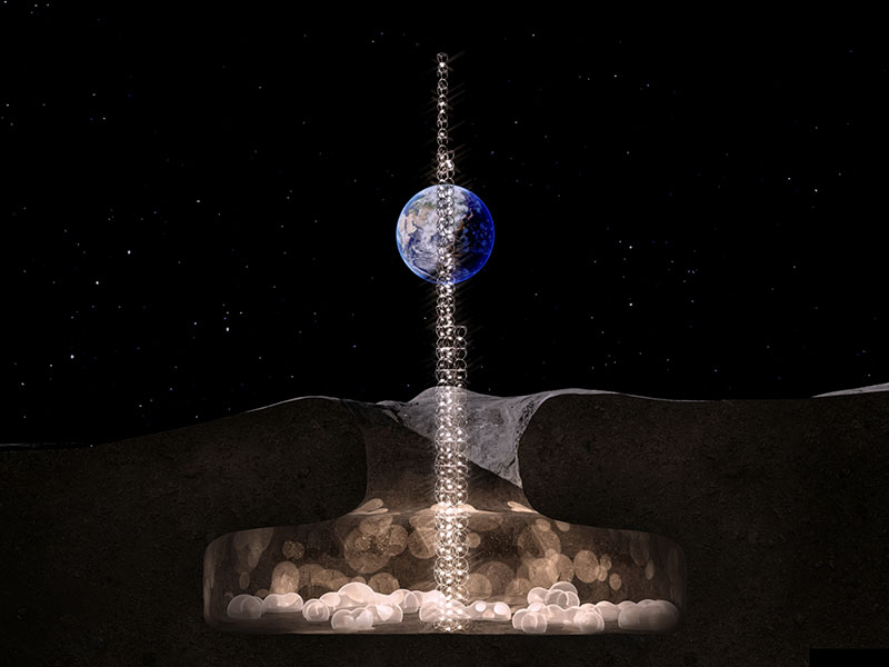 月の竪穴からそびえ立つルナタワーと地球